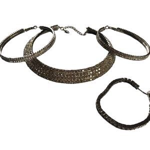 Vintage Rhinestone Crystal Silver Collar Bib Necklace, Hoop Earrings & bracelet